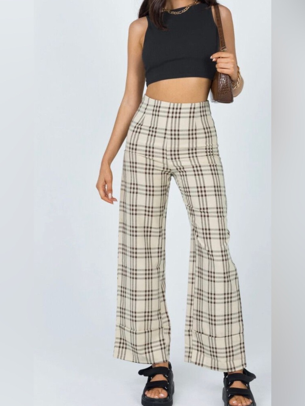 Princess Polly Plaid Wide-Leg Trousers in Cream and Black sz 10